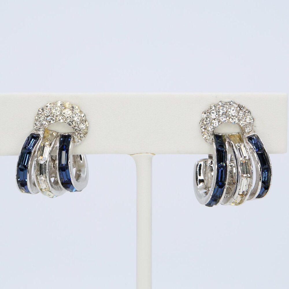 Vintage Boucher Phrygian Cap Blue and Crystal Baguettes Hoop Earrings 1940s